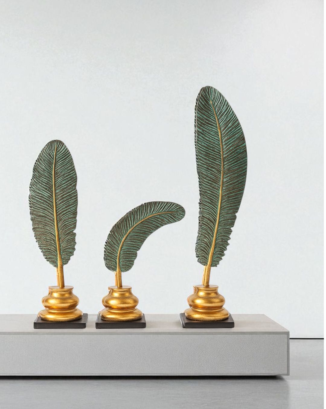 Rustic Green & Gold Feather Sculptures – Home Decor Trio