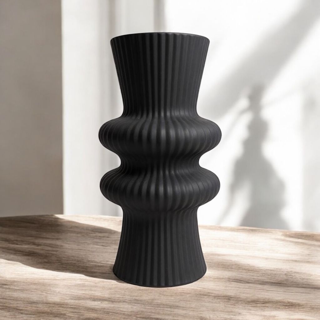 Ribbed Hour Glass Black Vase
