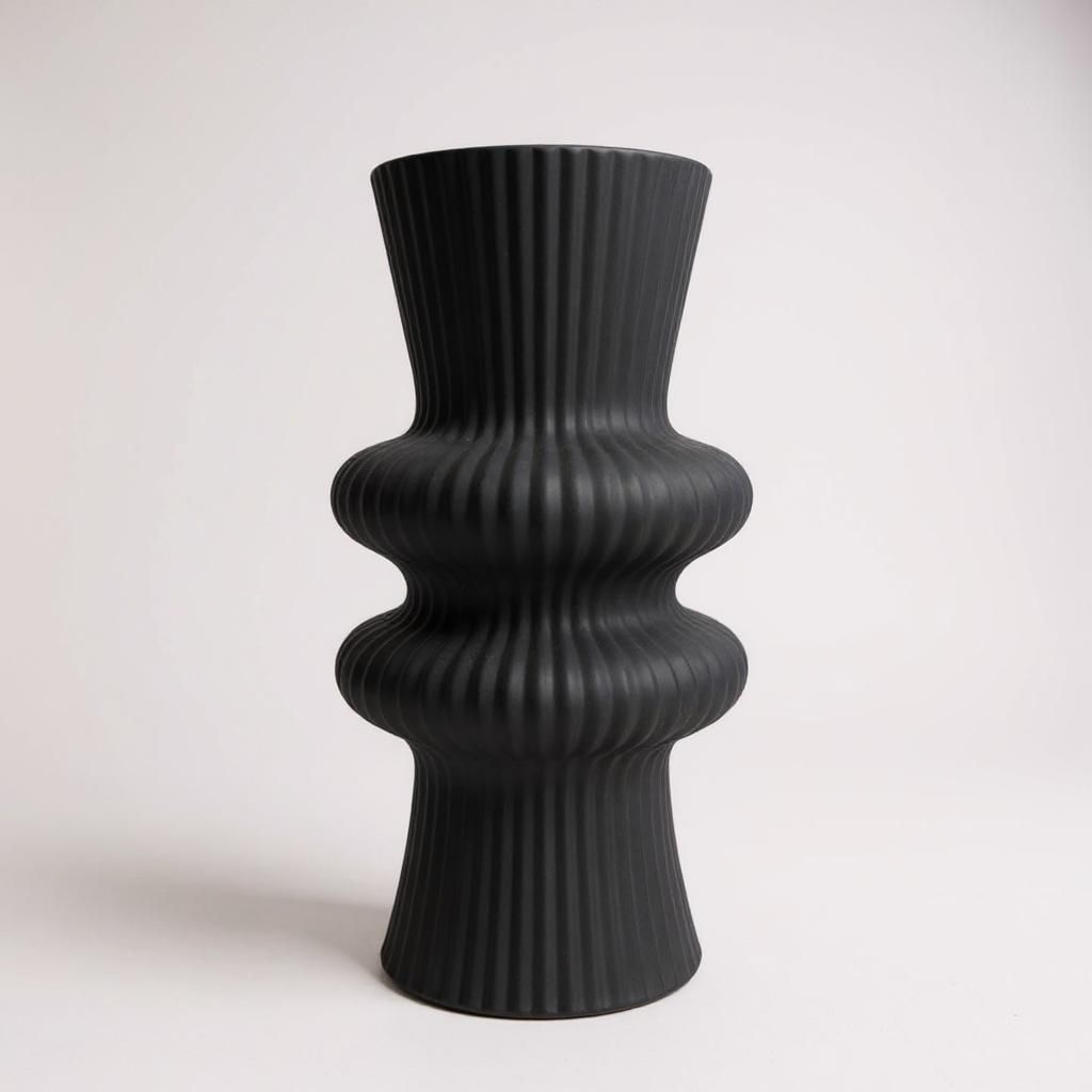 Ribbed Hour Glass Black Vase