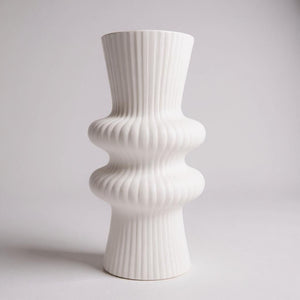 Ribbed Hour Glass White Vase