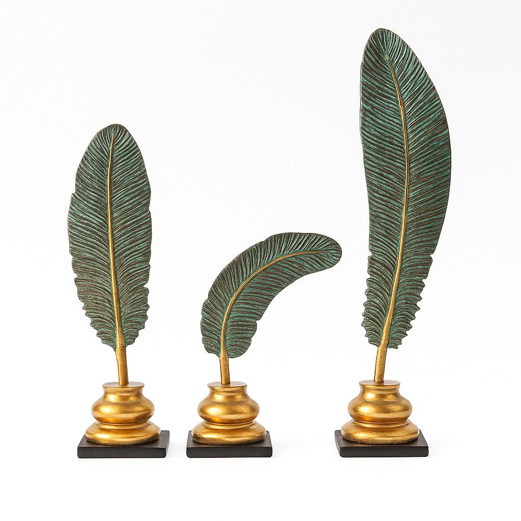 Rustic Green & Gold Feather Sculptures – Home Decor Trio